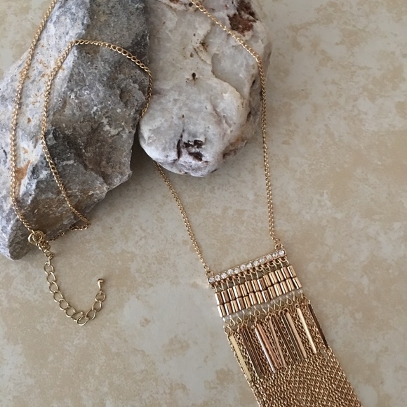 Fringe Gold Rhinestone Statement Necklace - Picture 5 of 7